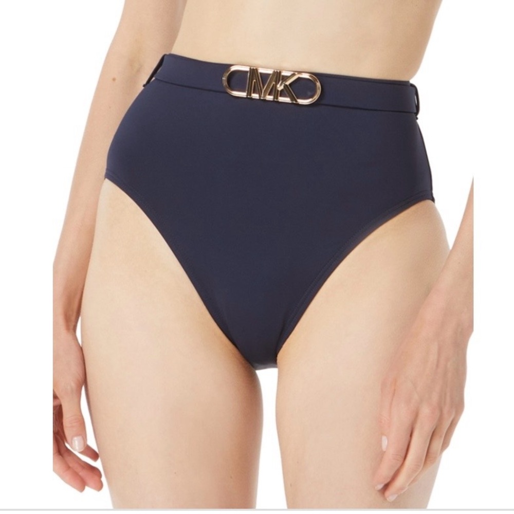MICHAEL Michael Kors Navy Bikini Bottom with Gold Logo Belt